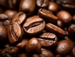 Naklejka premium Aroma in Detail: Close-up Shot of Coffee Beans with Rich Texture Evoking Fresh Aroma and Warmth