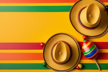 Mexican national holiday concept. Top view photo of sombrero hats maracas and colorful striped serape on isolated vibrant yellow background with empty, Generative AI 