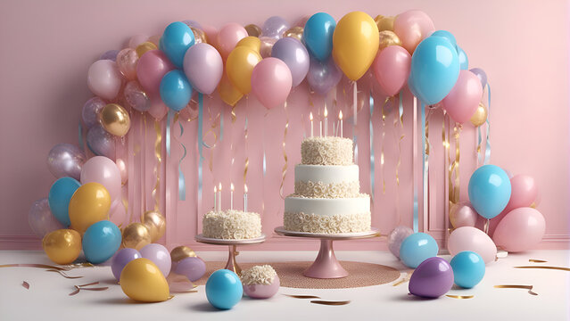 3d render of birthday cake with candles. balloons and confetti 