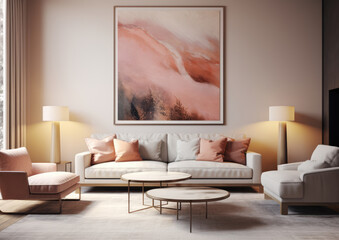 Modern white living room with an abstract painting, minimalist design, copy space. Website images	