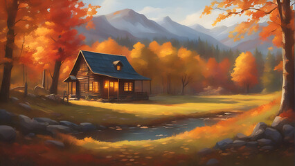 Wooden cottage in autumn forest. Digital painting. Vector illustration.  - obrazy, fototapety, plakaty