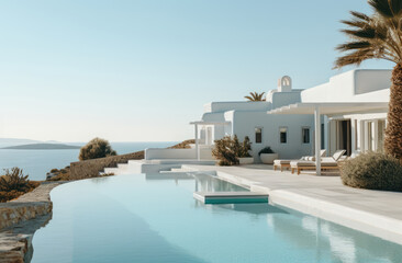A large white villa beside a pool with a view of the ocean, copy space. Website images	