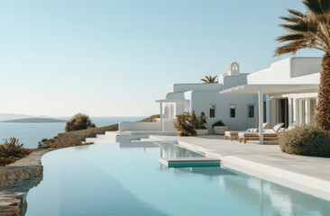 Fototapeta premium A large white villa beside a pool with a view of the ocean, copy space. Website images 