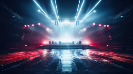 Free stage with color lights, lighting devices. - obrazy, fototapety, plakaty