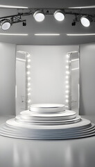 3d render of podium in showroom with spotlights on wall 