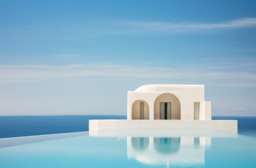 A large white villa beside a pool with a view of the ocean, copy space. Website images	