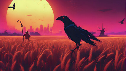 Illustration of a crow on a wheat field in front of a sunset 