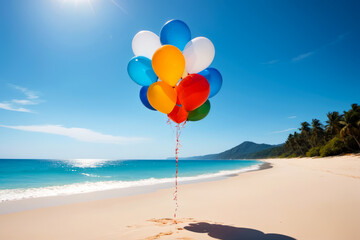 Fototapeta premium Vibrant Colorful Balloons Soaring over a Minimal Tropical Beach Scene with Blue Sky, AI Generated
