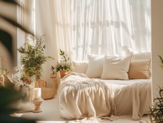 A white bedroom with a few plants and a white couch, in the style of light beige and amber, copy space. Website images	
