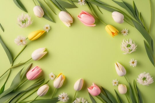 Mother's Day concept. Top view photo of fresh flowers pink, white yellow tulips and pussy-willow branches on isolated light green background with empty, Generative AI 