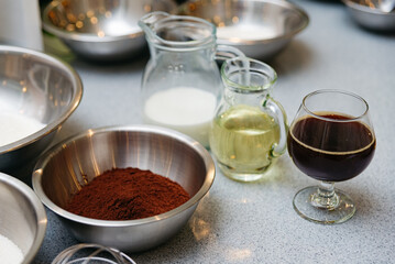 Ingredients for making tiramisu cake. Preparation of tiramisu dessert.