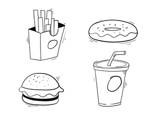 Fast food icons set. burger, donut, french fries, paper cup with drink. Hand drawn fast food