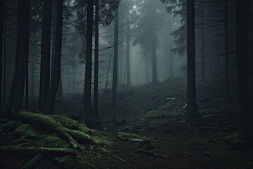 Fototapeta premium Forest in fog creating a mysterious atmosphere 
