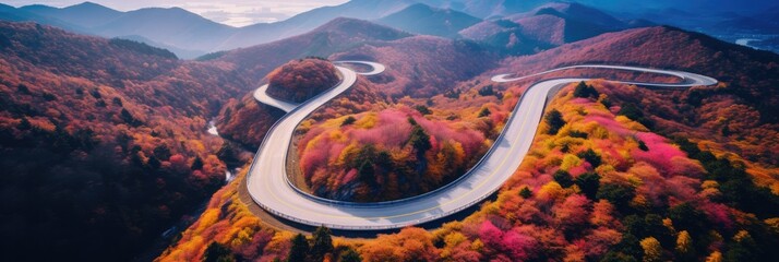 aerial view of aerial view of fall road curves of beautiful scenic mountains around, generative AI - obrazy, fototapety, plakaty