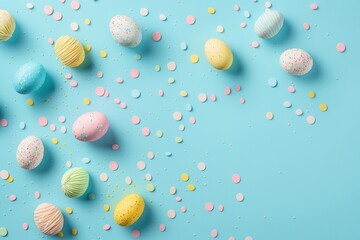 Fototapeta na wymiar Easter concept. Top view photo of colorful easter eggs and scattered sprinkles on isolated light blue background with copy space, Generative AI 