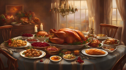 Thanksgiving dinner with turkey and other traditional dishes. 3d render 