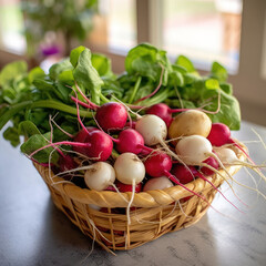 A basket of assorted radishes with green tops
