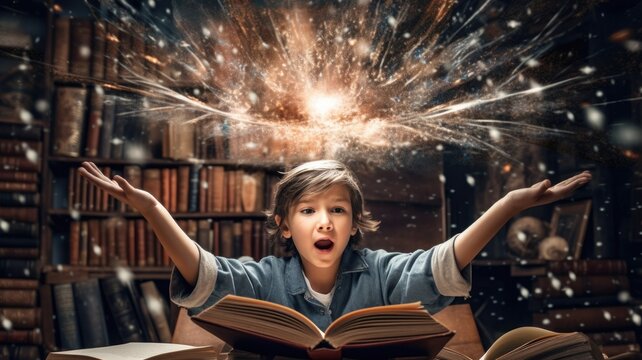 Boy excited with an opened magical book with wave of astral magical elements flowing out. Generative AI image weber.