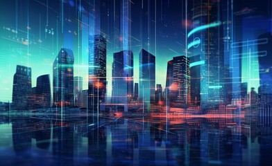 Business city and computer data analytics on the background. Communication, economics, technology concept. High quality Full HD footage, Generative AI