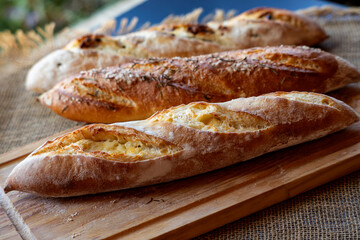 baguette bread stuffed with canastra cheese on a board and tablecloth
