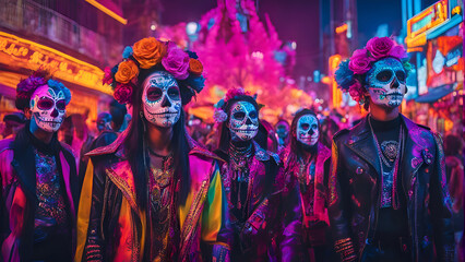 Unidentified participants at the Dia De Los Muertos parade in Oaxaca Mexico. The Dia - obrazy, fototapety, plakaty