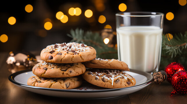 Cookies and milk for Santa - Christmas Eve - chocolate chip - stack - Christmas tree - blurred background  - snack 