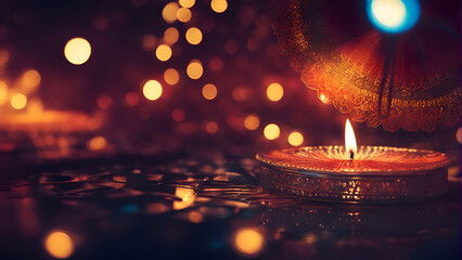 Beautiful diwali diya lamps lit at night with bokeh background 