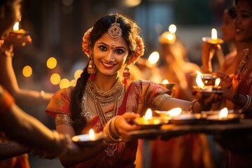 Indian woman holding diyas