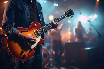 Obraz premium Music band group perform on a concert stage.Guitarist on stage for background. Generative AI.