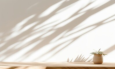Table shadow background. Wooden table and white empty wall with plant shadows, Generative AI 