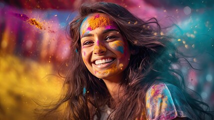 Obraz premium Beautiful happy Indian woman celebrates Holi with colored powder or gulal. indian festival holi