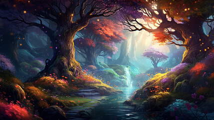 fantasy forest fairy tale background. tree with colorful lighting. dreamy woods landscape scene