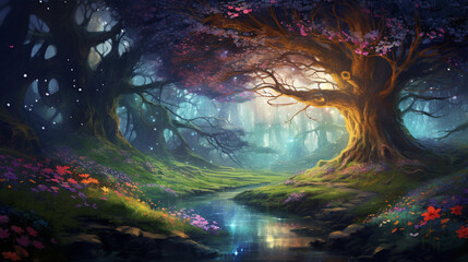 fantasy forest fairy tale background. tree with colorful lighting. dreamy woods landscape scene