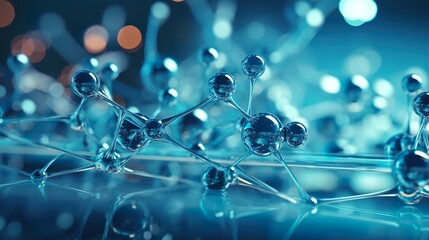 Blue molecule atoms structures on blue liquid serum background Medical.
