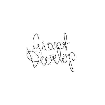 Giant Develop, hand drawn lettering inspirational mini tattoo text, continuous line drawing, poster, banner, card, print for clothes, emblem, logo design, one single line, isolated vector illustration