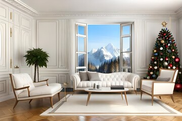 Christmas, xmas, New Year interior with fur-tree decoration, wreath, white wall, fireplace, windows, white sofa with pillows and white armchair. 3d rendering