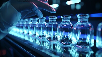 A pharmaceutical manufacturing plant scientist inspects medicine bottles wearing hygienic gloves. Pharmaceutical machinery working pharmaceutical glass bottle production line - obrazy, fototapety, plakaty