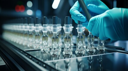 A pharmaceutical manufacturing plant scientist inspects medicine bottles wearing hygienic gloves. Pharmaceutical machinery working pharmaceutical glass bottle production line - obrazy, fototapety, plakaty
