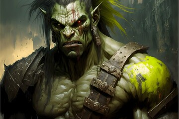 settlement orc muscular green skin disheveled hair dressed in crude armor yellow eyes incredibly strong  - obrazy, fototapety, plakaty