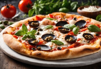 seafood pizza with mozzarella, tomato sauce, anchovies, capers, and oregano