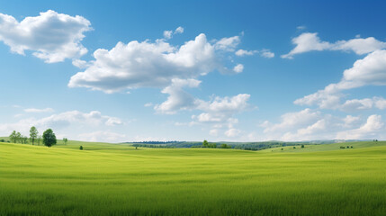 Fototapeta premium scenery with green field in a day with blue sky and white fluffy cloud. nature landscape cartoon scene