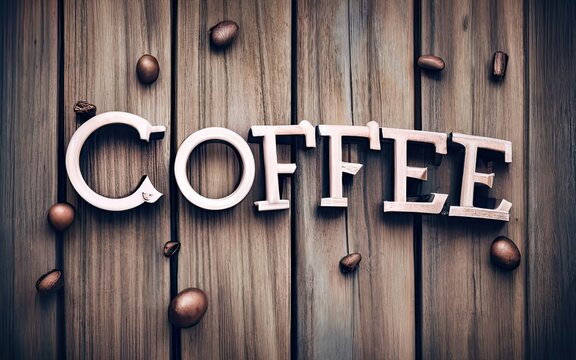 Coffee text in wooden background with Generative AI.