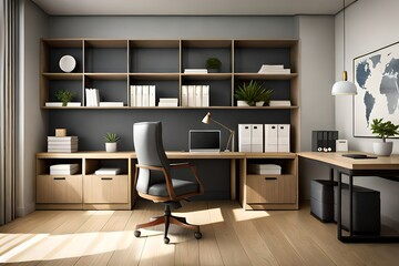 Home office furniture  desk with chair. Workplace ergonomics. Fully editable, interior with cozy atmosphere and bookcases on background  3d render
