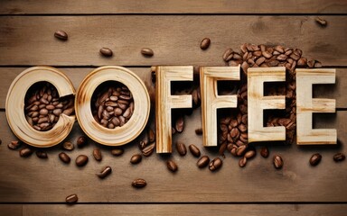 Coffee text in wooden background with Generative AI.