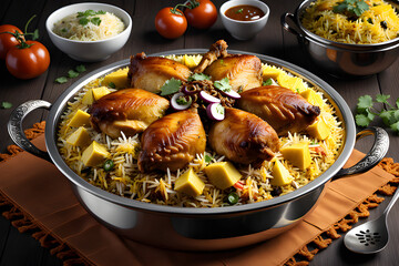 Chicken dhum biriyani using jeera rice and spices arranged in earthen ware with raitha and lemon pickle on grey background.