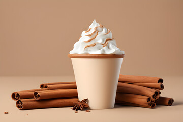 Chai Frappuccino in a Glass Mug Topped with Whipped Cream: Frappuccino made with chai tea and vanilla ice cream garnished with a cinnamon stick