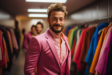 Gay fashion stylist in dressing room LGBTQ designer concept