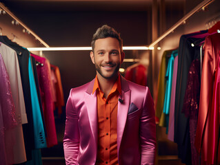 Gay fashion stylist in dressing room LGBTQ designer concept
