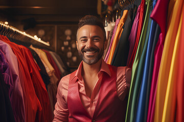 Gay fashion stylist in dressing room LGBTQ designer concept