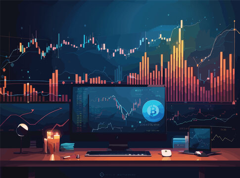 Design a detailed abstract vector background that seamlessly blends the stock market, forex market, and crypto market, featuring intricate candlestick diagrams and dynamic price fluctuations in a